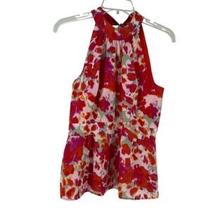 Beth Bowley Top Silk Floral Halter Womens Size 4 High Neck Bow Peplum Resort Red